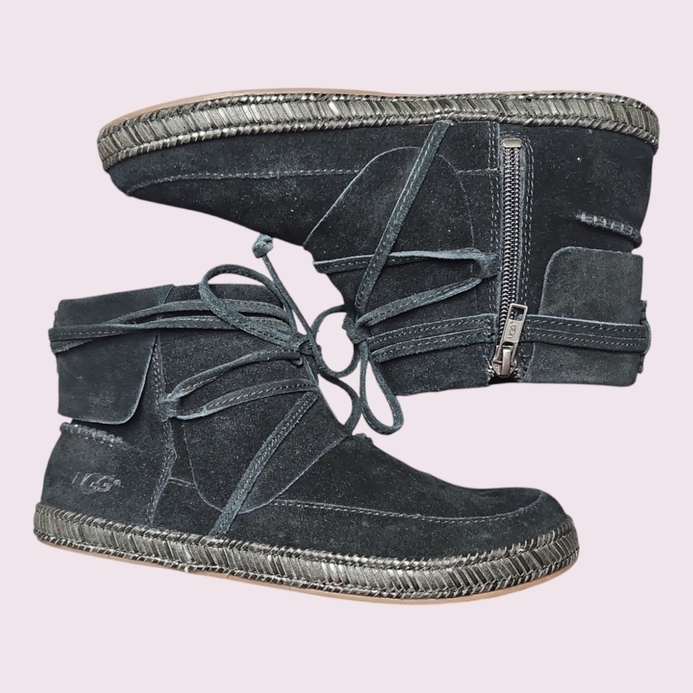 UGG Women's Reid Moccasins Black Suede Ankle Boots with Tie Size 5.5